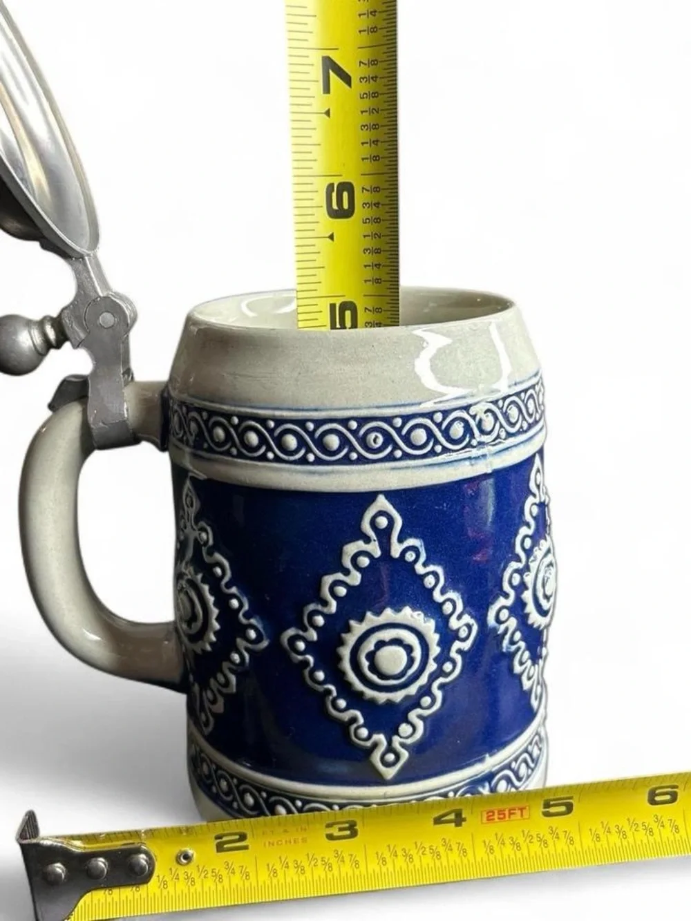 Gerz W Germany Blue Ceramic German-Style Beer Stein with attached intact lid